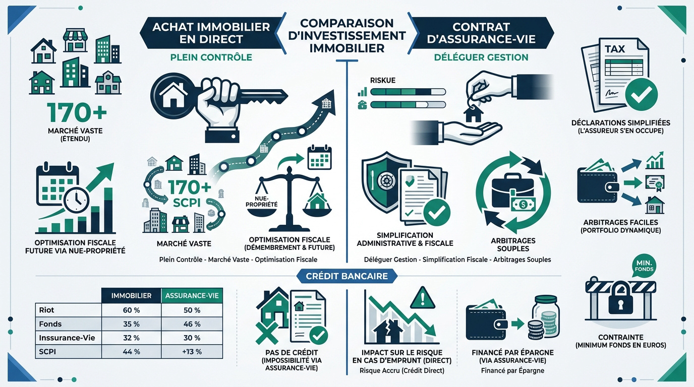 Comparaison visuelle entre l'investissement immobilier en direct et via un contrat d'assurance-vie