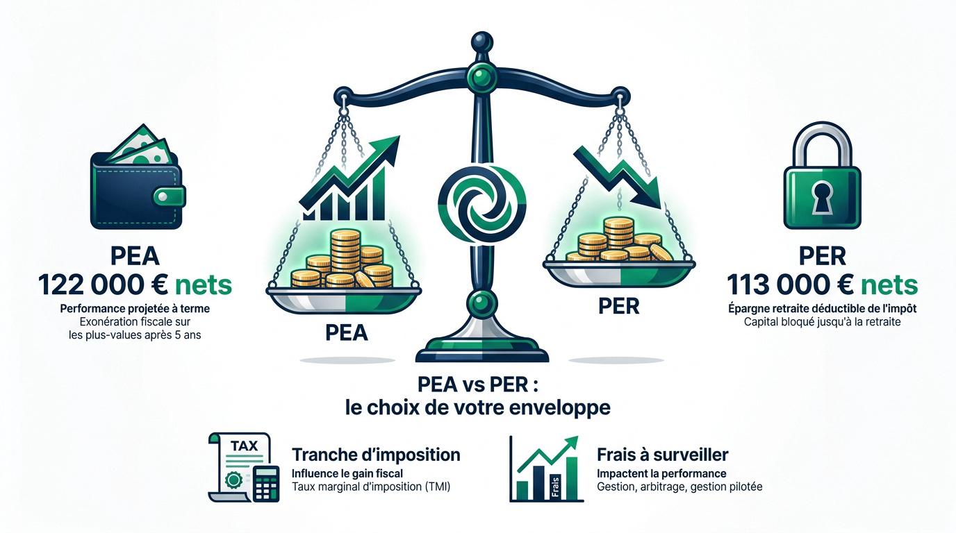 Comparaison graphique entre la fiscalité du PEA et du PER pour un investissement long terme