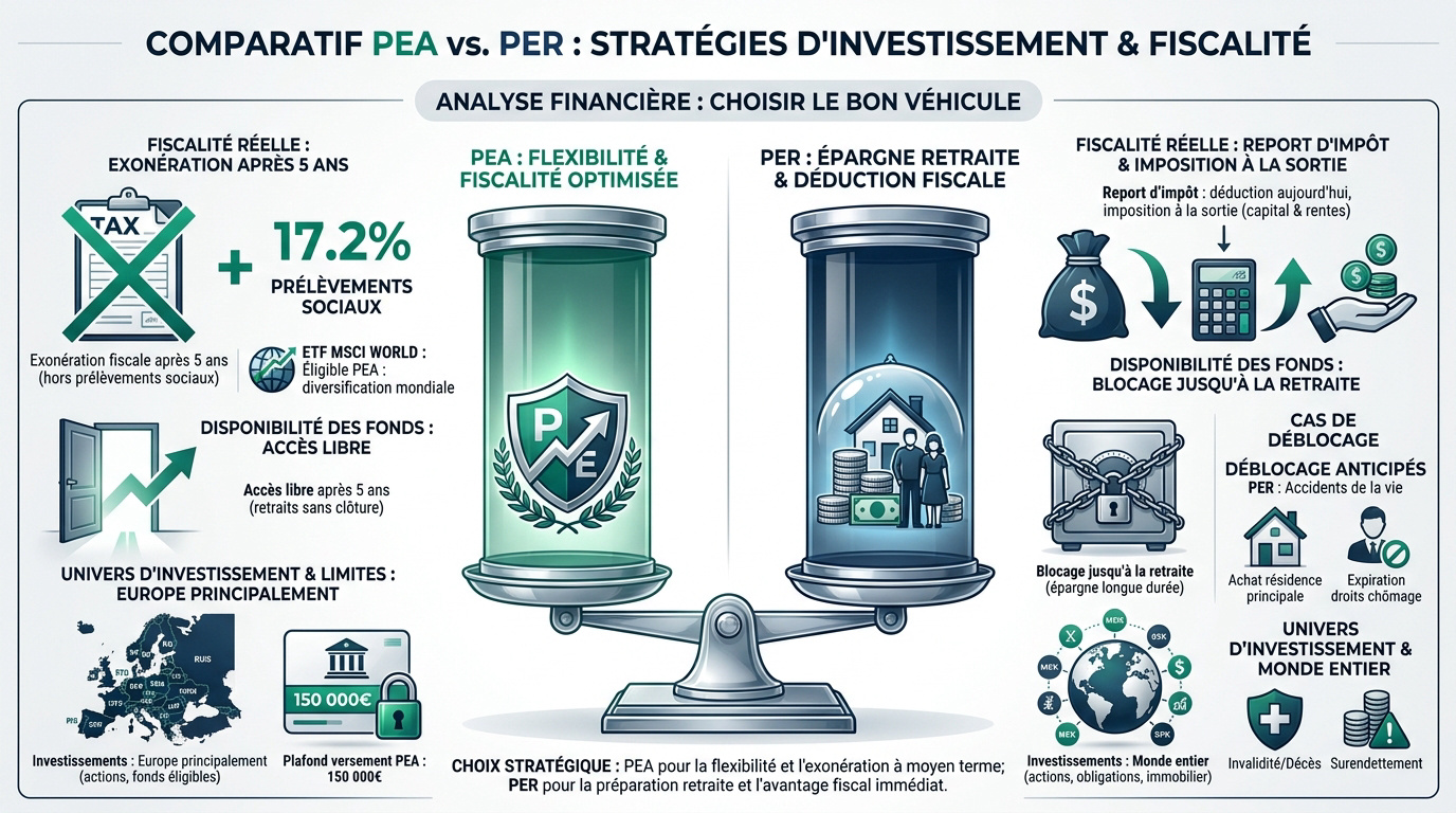Tableau comparatif des stratégies d'investissement entre le PEA et le PER