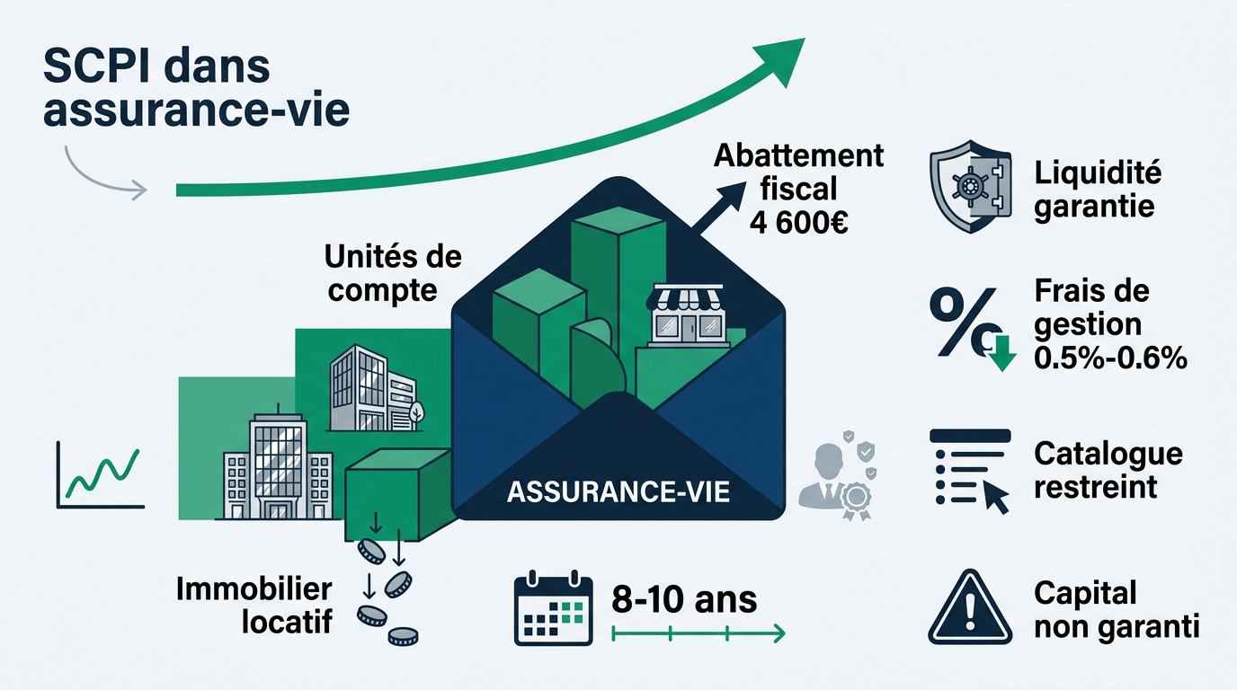 Schéma explicatif des avantages des SCPI logées dans une assurance-vie : fiscalité, liquidité et accessibilité
