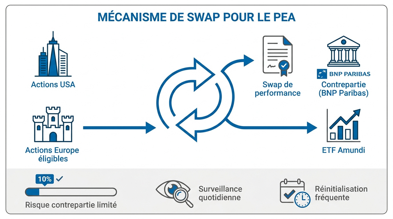 Schéma explicatif du mécanisme de swap pour l'éligibilité au PEA