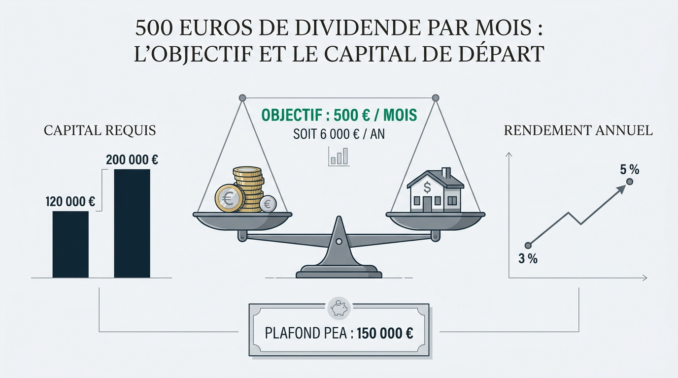 Graphique illustrant l'objectif de 500 euros de dividendes mensuels et le capital nécessaire