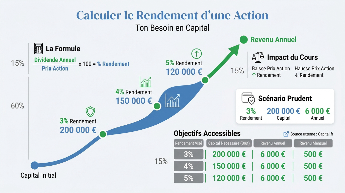 Schéma explicatif du calcul du rendement d'une action et du capital nécessaire