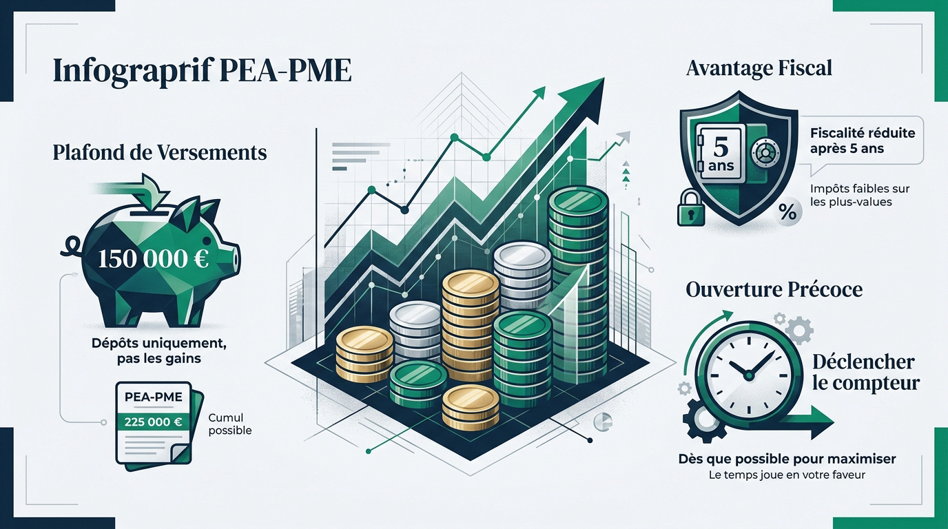 Infographie sur les plafonds de versement du PEA et PEA-PME et les avantages fiscaux après cinq ans