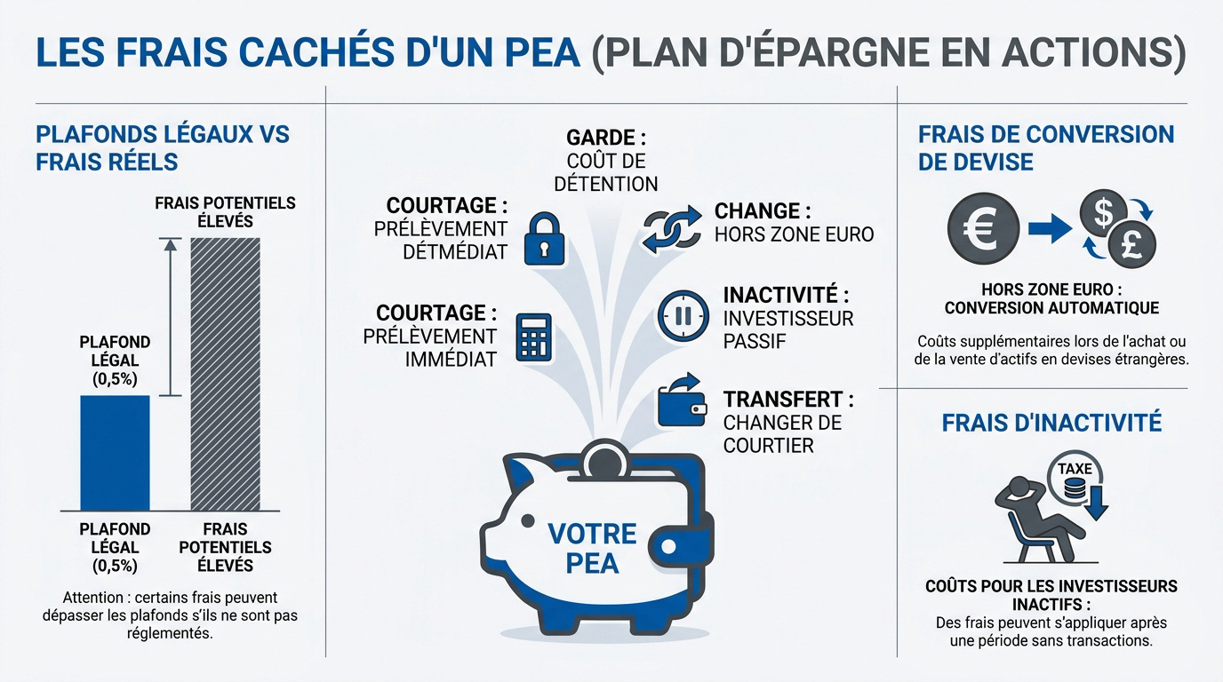 Schéma explicatif des frais cachés et prélèvements sur un compte PEA