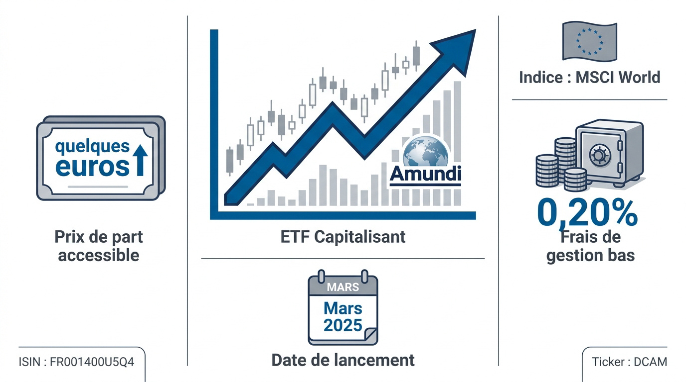 Infographie récapitulative des caractéristiques de l'ETF Amundi PEA Monde DCAM