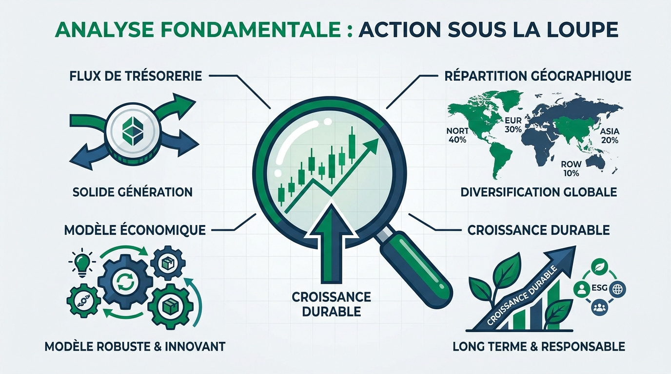 Loupe examinant les indicateurs financiers d'une action en bourse