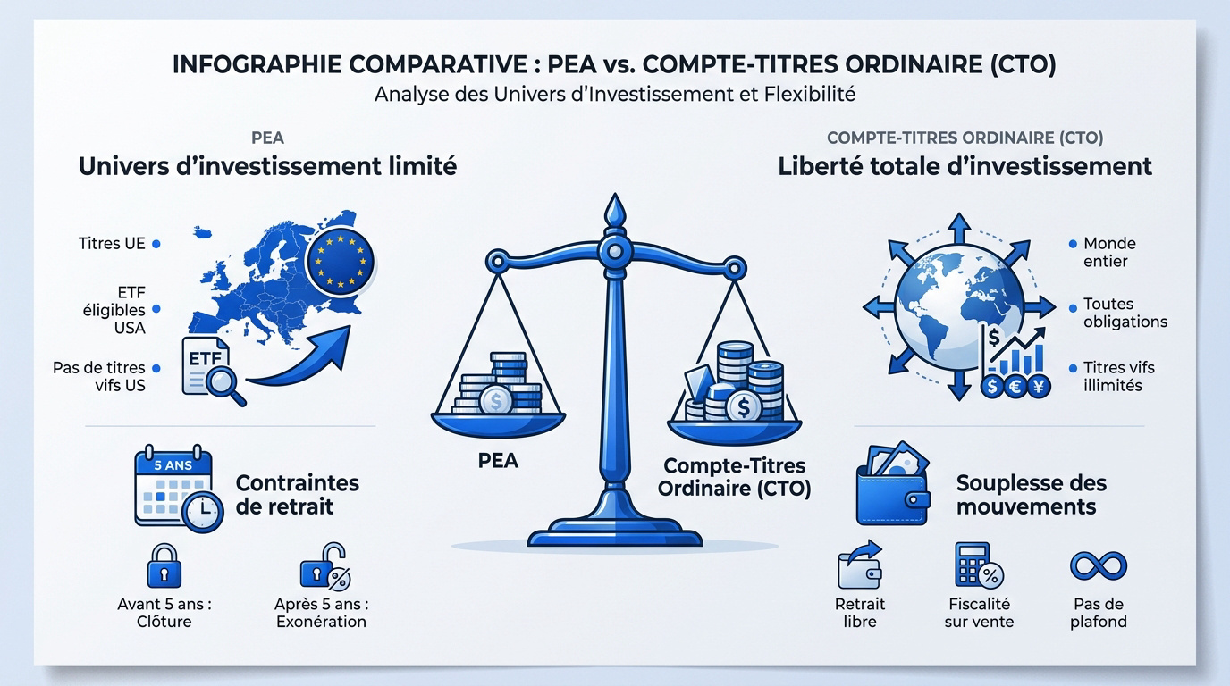 Comparatif visuel entre le PEA et le compte-titres ordinaire pour l'investissement en bourse